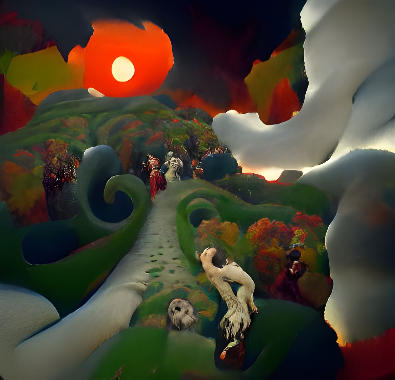 Adolf Boehm; winding road; hedge maze; forest; Robert Colescott; Marc Chagall; beach; Winslow Homer; Alla Tsank; fairy t...