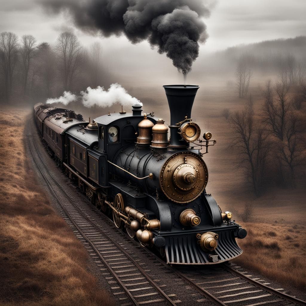 Steampunk Clockwork Train in Dreary Fields