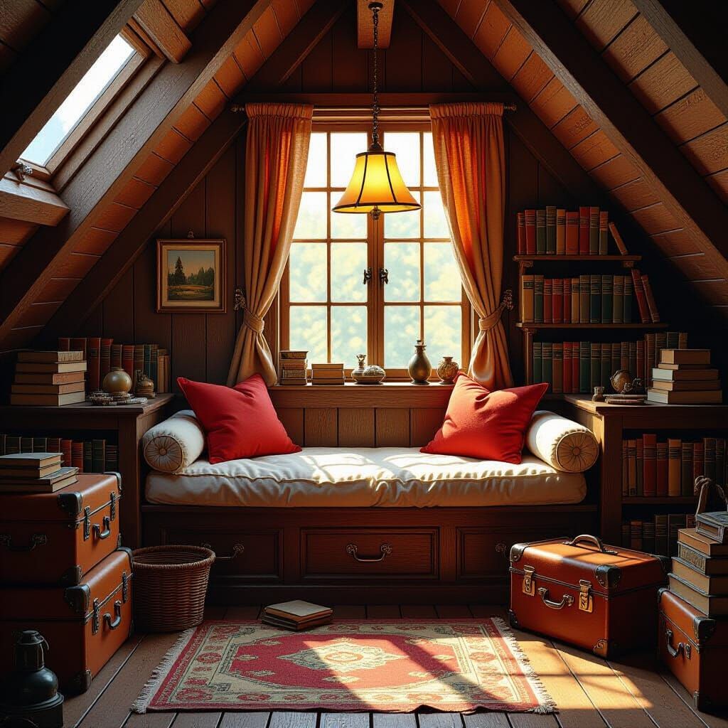 Cozy Cluttered Attic Window Seat in 80s Airbrush Style