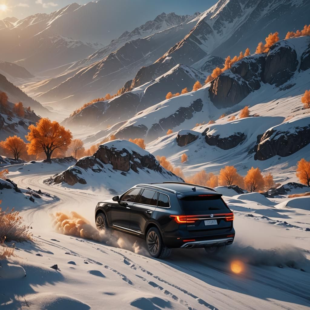SUV Races Through Snowy Valley in Surreal Landscape