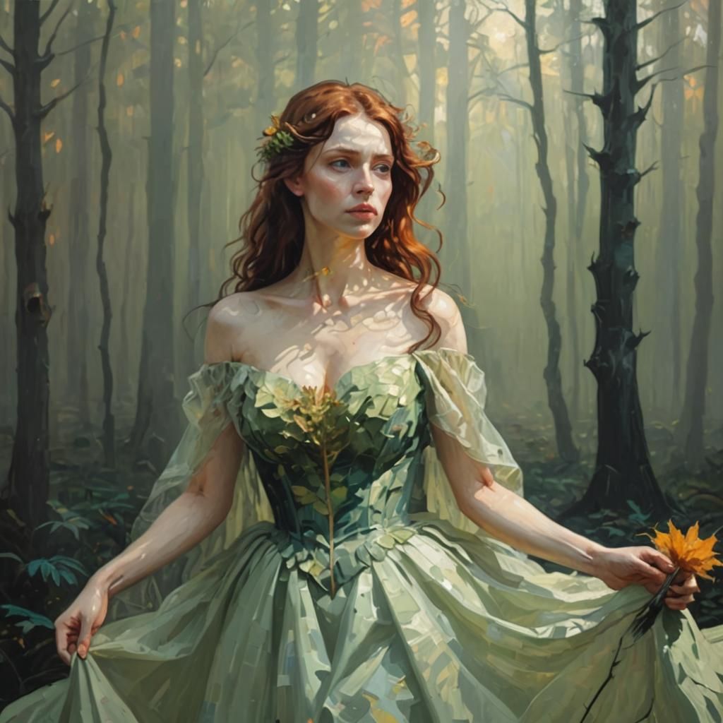 Eerie Forest Sunset in Impasto Oil Painting Style