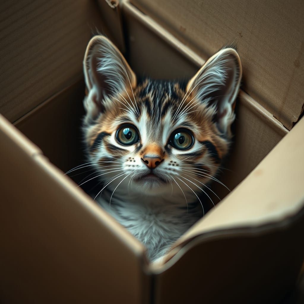 Curious Kitten in Cardboard Box: Hyperrealistic Close-Up