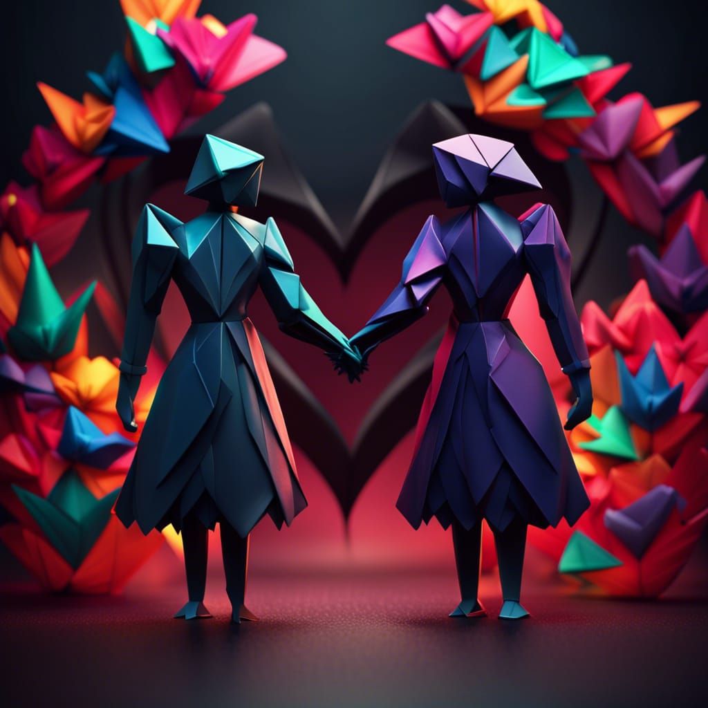 Origami Lovers Holding Hands: Detailed Matte Painting