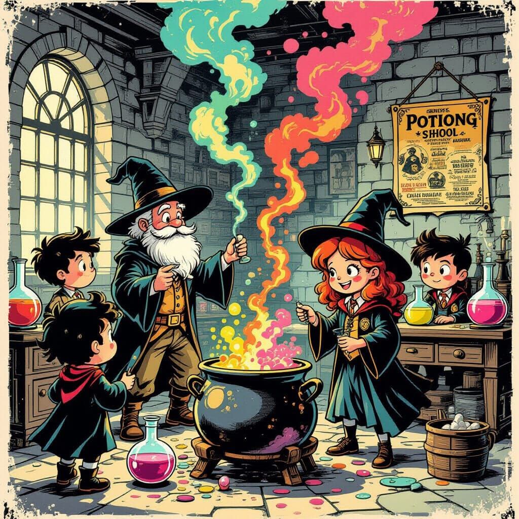 Vintage Comic Wizard School Potion Lab Scene