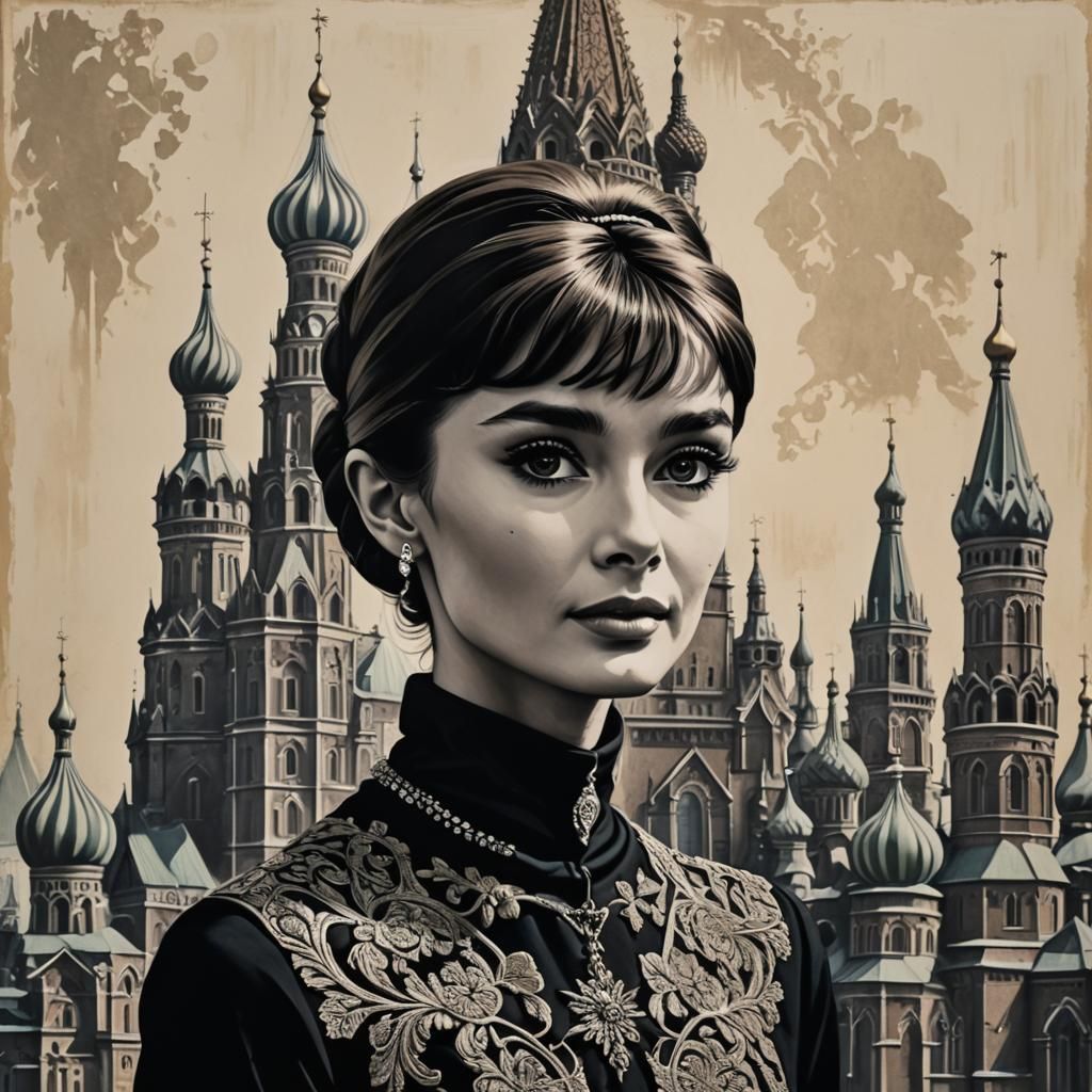 Audrey Hepburn in Moscow, Relief Print Style