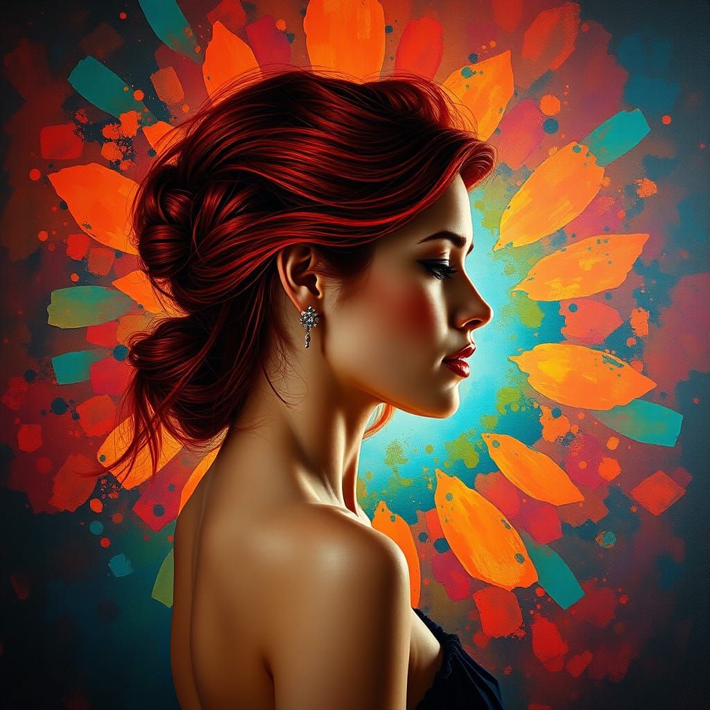 Elegant Redhead Goddess in Kaleidoscopic Oil Painting