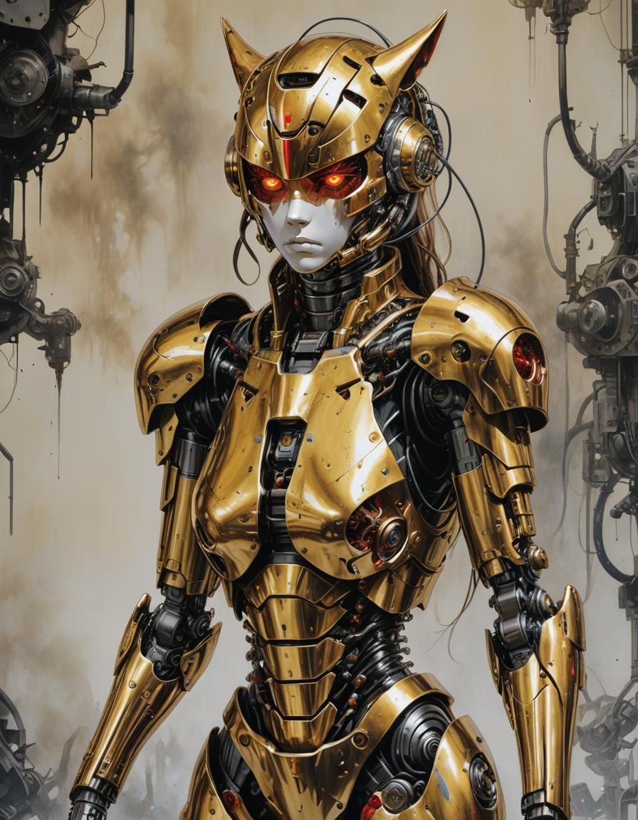 Damaged Golden Cyborg Cat Girl in Sci-Fi Style