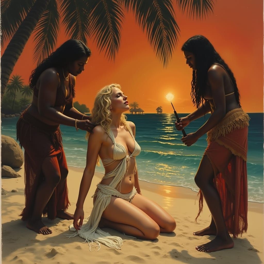Blonde Beauty Captured by Primitive Tribes in Exotic Sunset ...