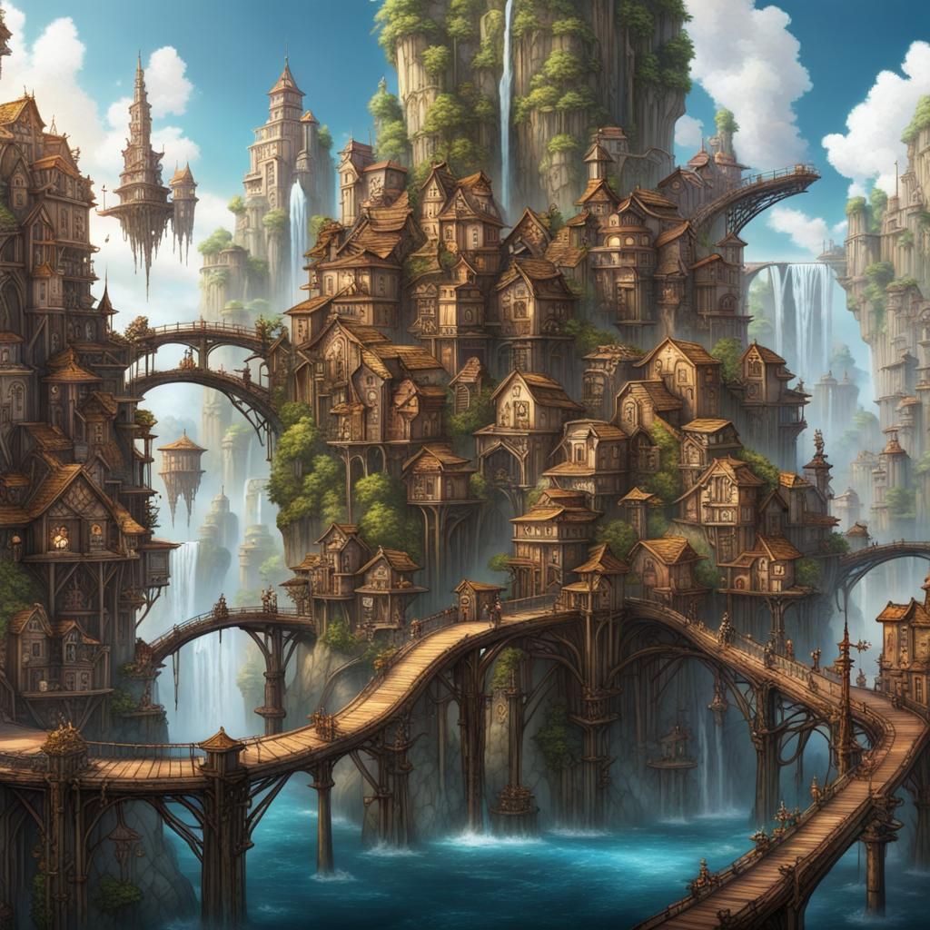 Floating Island City with Steampunk Ruins