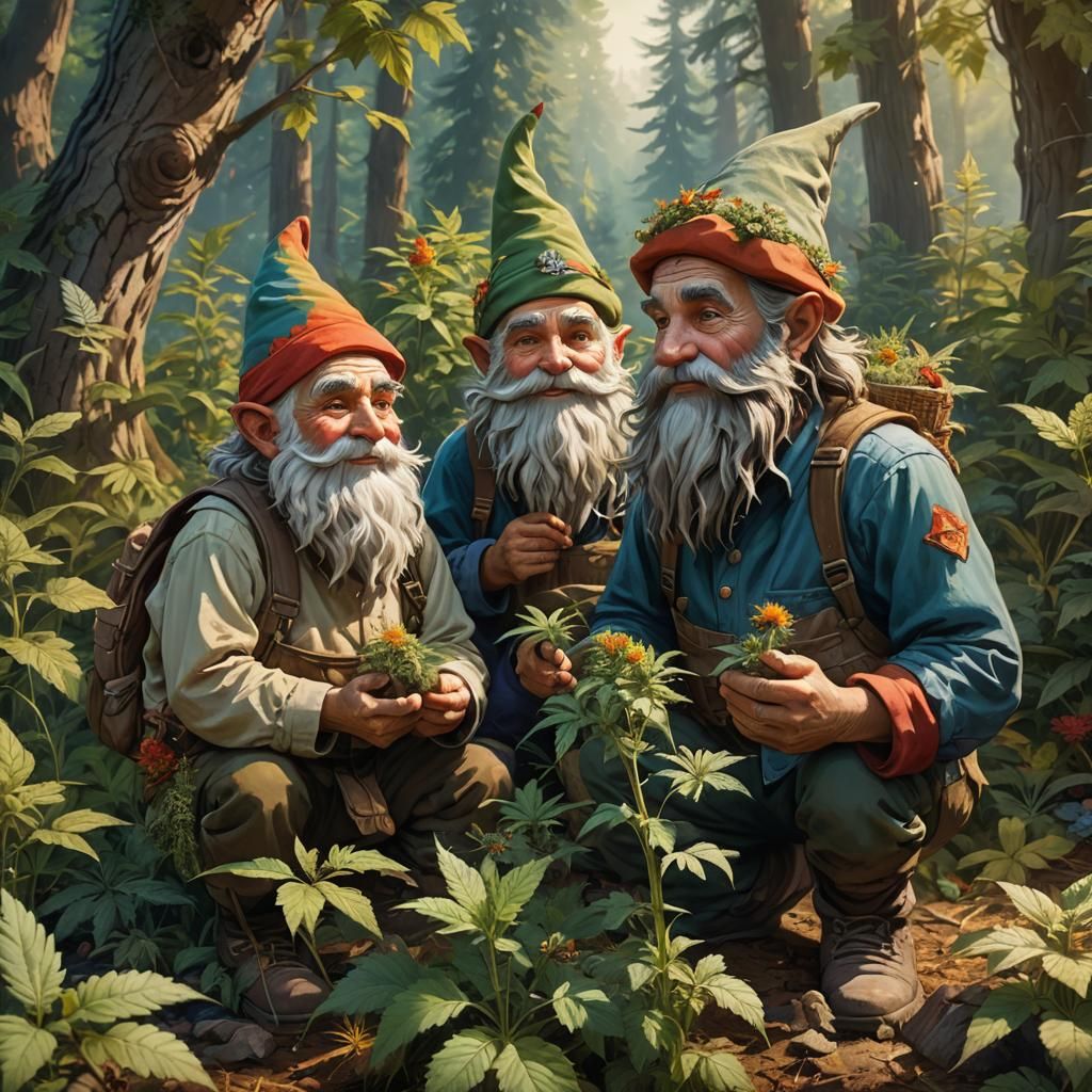 Gnomes Harvesting Cannabis Flowers in Sunlight
