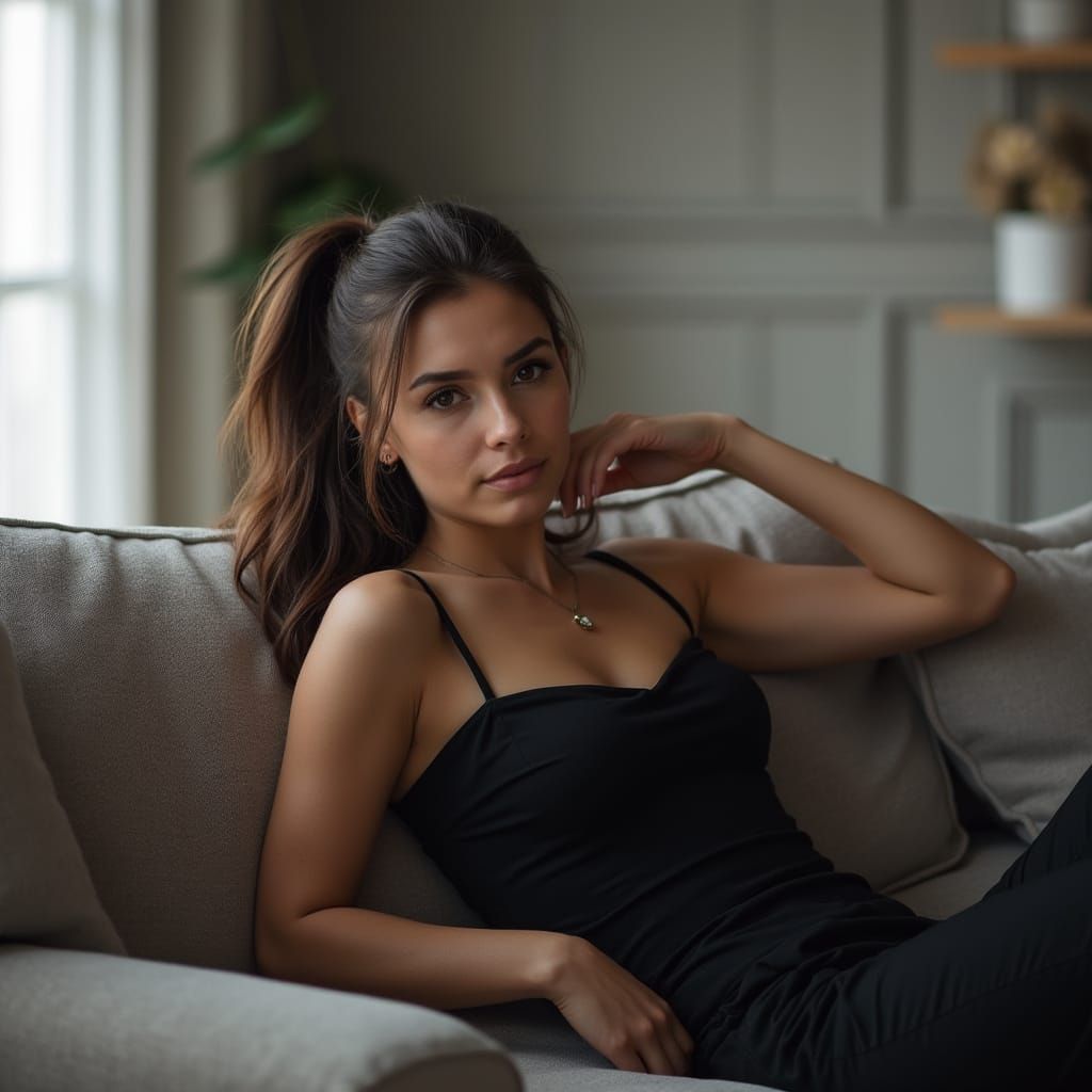 Hyper Realistic Photo of Woman Lounging in Modern Living Roo...