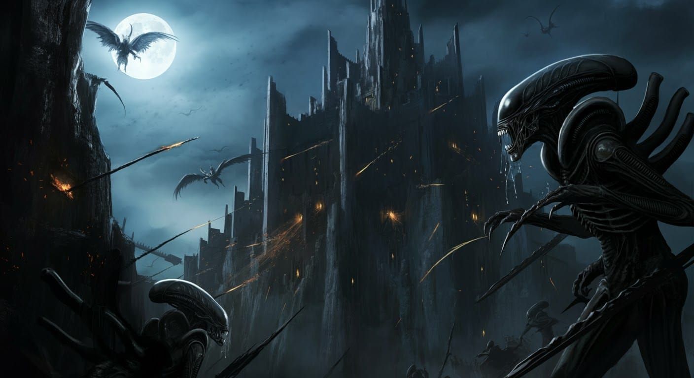 Xenomorph Swarm Assaults Minas Tirith at Night