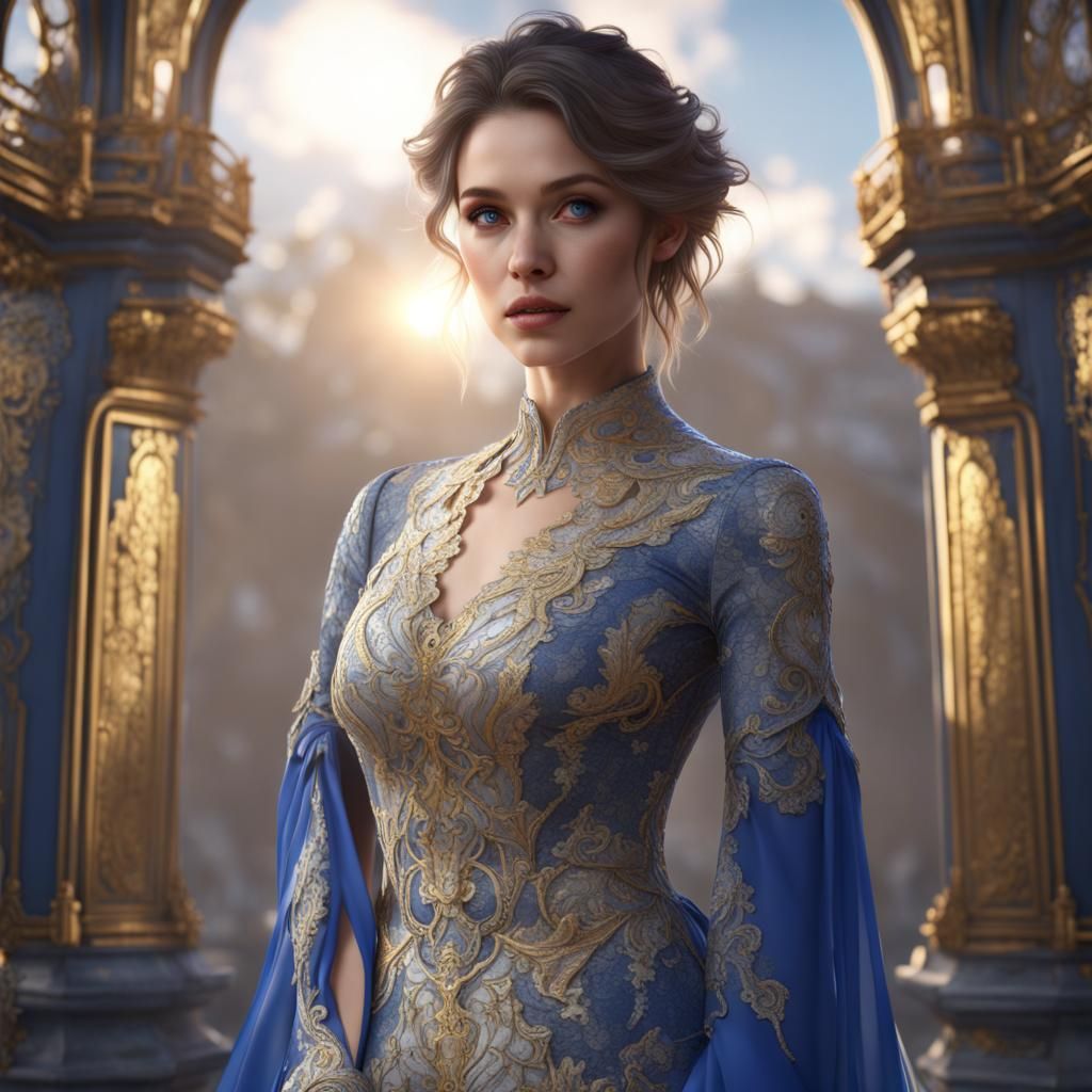 Detailed Lace Dress in Blue, Gold and White