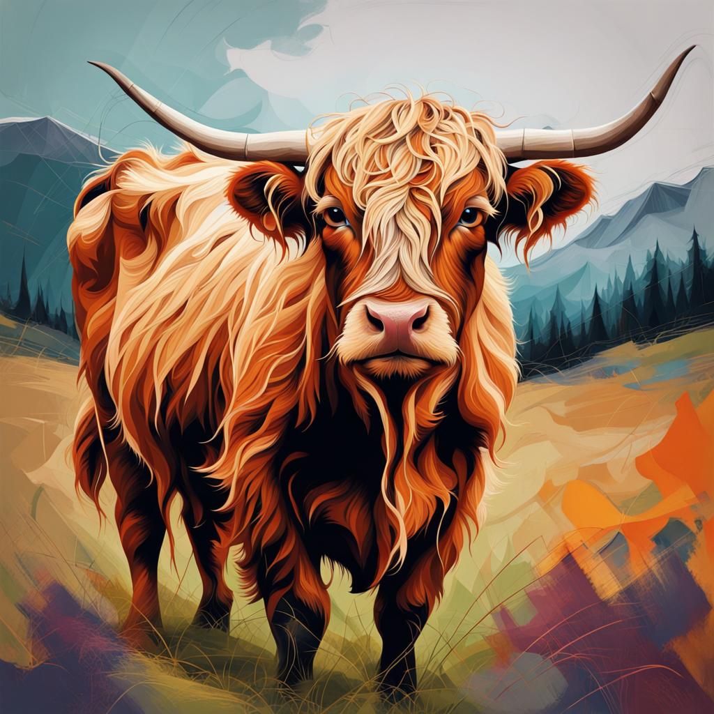 Abstract Highland Cow in Complementary Colors