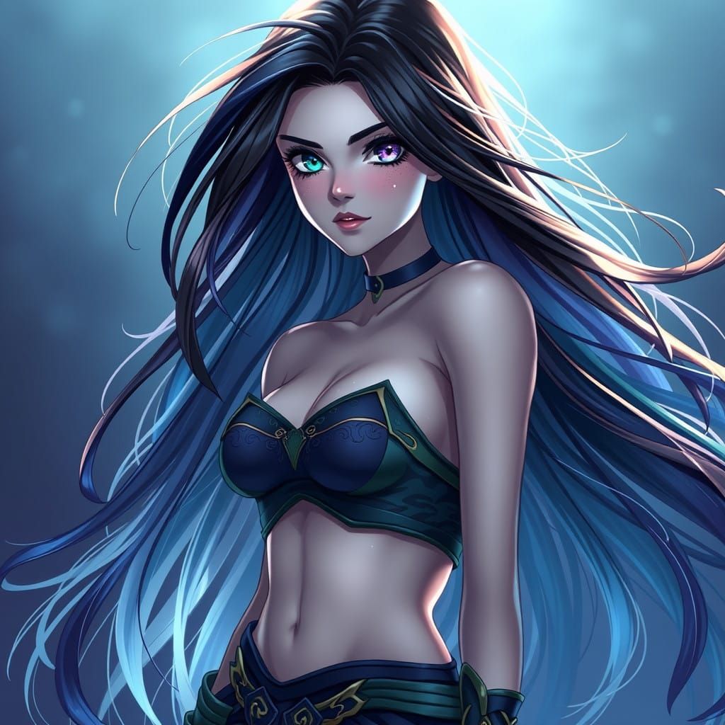 Ethereal Warrior Elegance in Midnight Blue Ombre Hair and Vi...