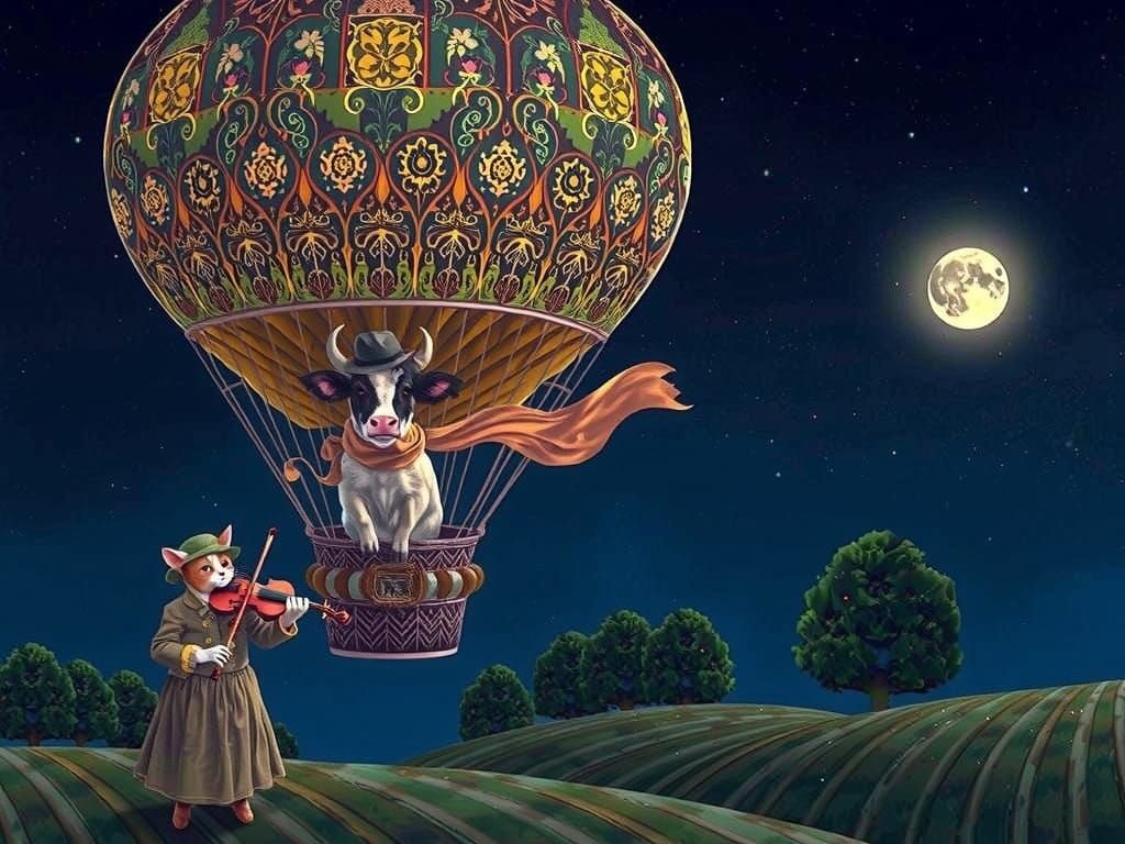 Cow Flies Hot Air Balloon in Klimt Style
