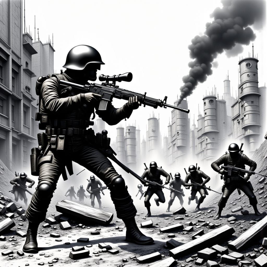 Gritty War Scene in Black and White