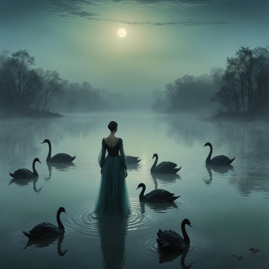 Dreamlike Swans in Moonlit Lake: Fantasy Concept Art