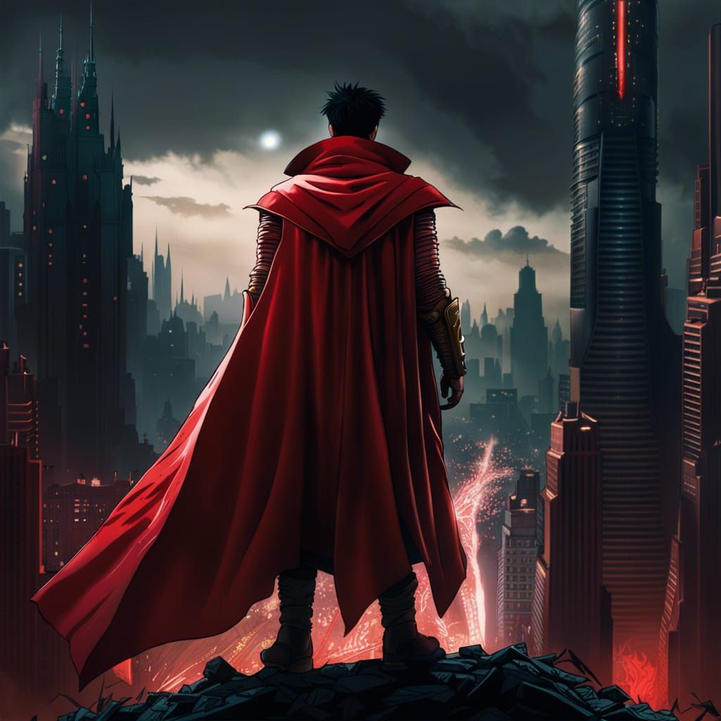 Tetsuo in Post-Apocalyptic City with Red Cape