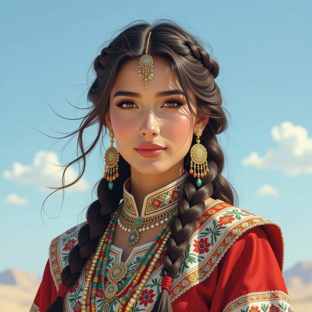 Hunnish Woman in Royal Dress, Hyperrealistic Portrait