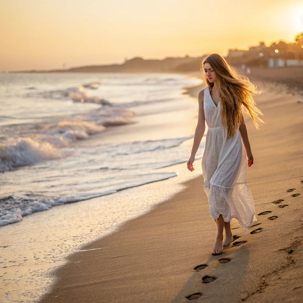 Woman on Beach at Sunset in Pre-Raphaelite Style