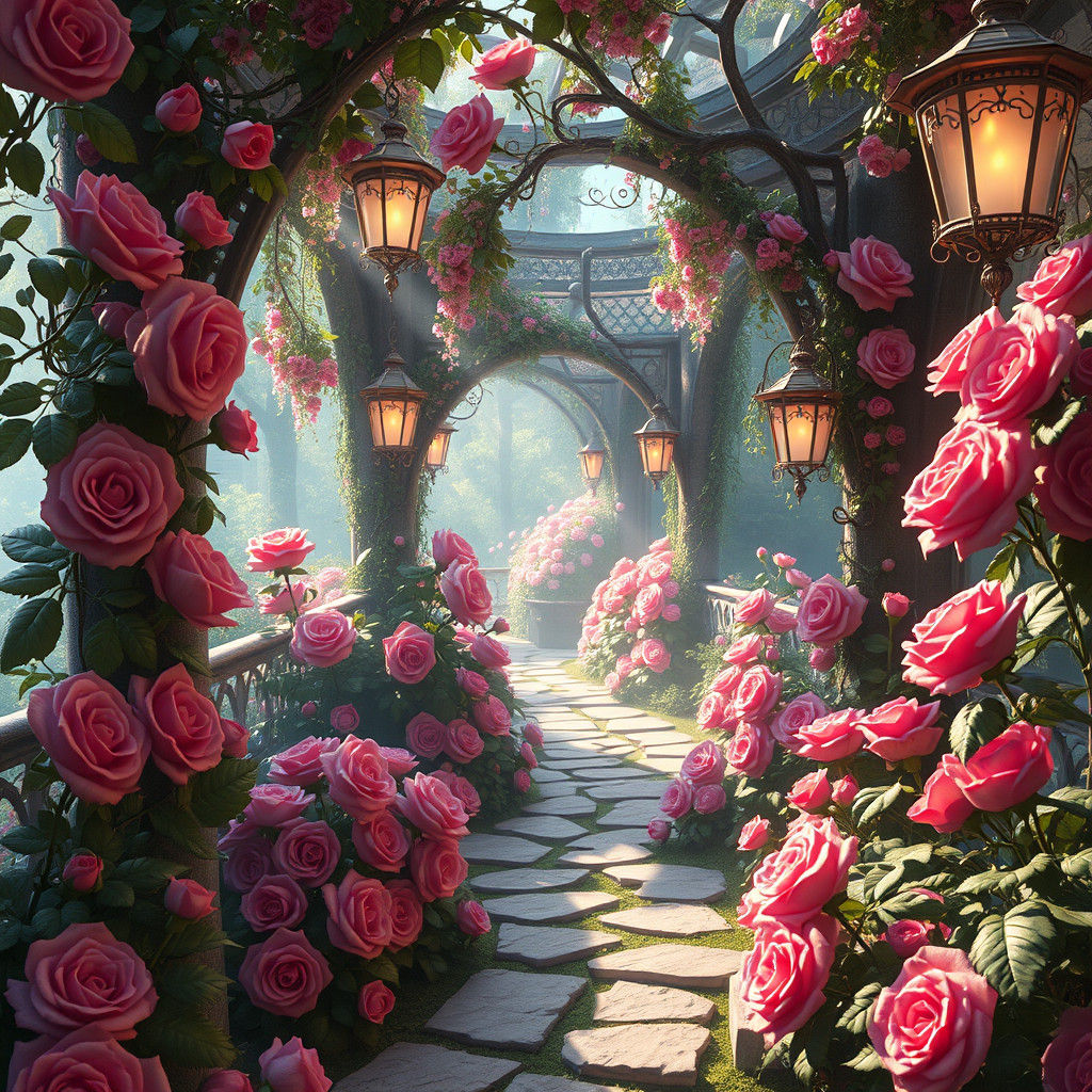 Mystical Rose Garden in Matte Painting Style