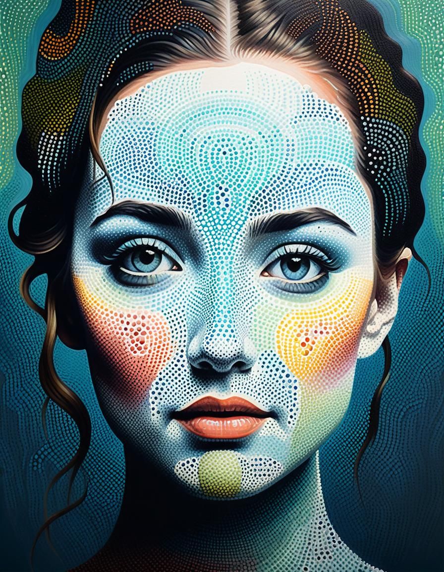 Whimsical Halftone Female Face in Art Brut Style