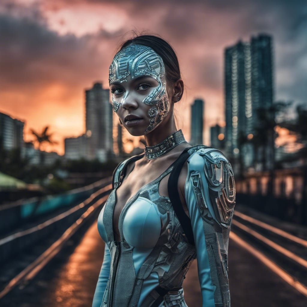 Futuristic Girl in Tropical City, Hyperrealistic Portrait