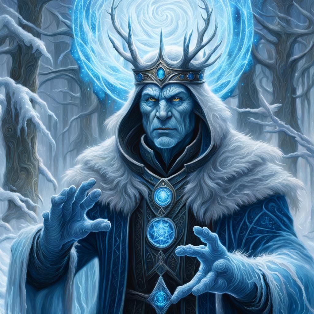 Frozen Creature and Mage in Winter Forest