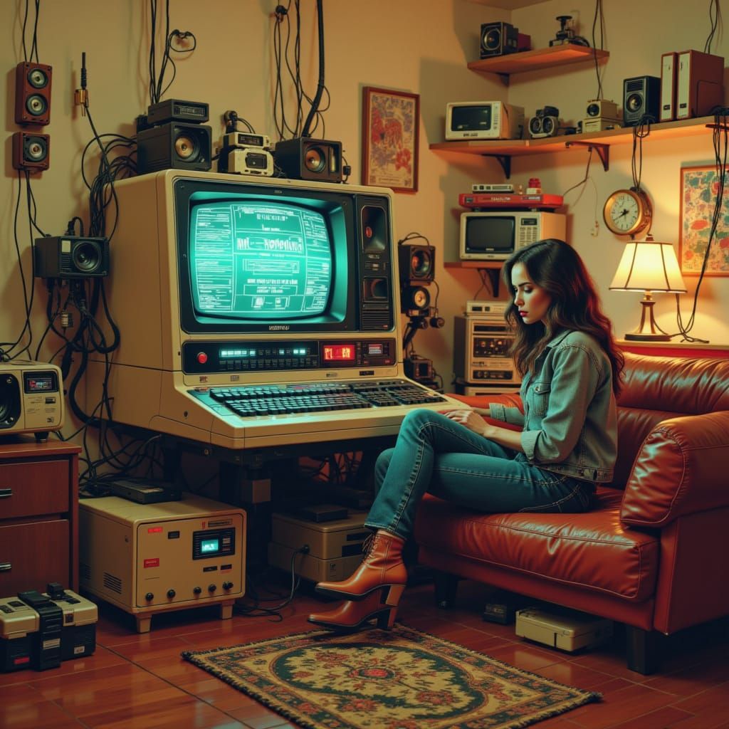 Nostalgic Cyberpunk Living Room with Retro Computer