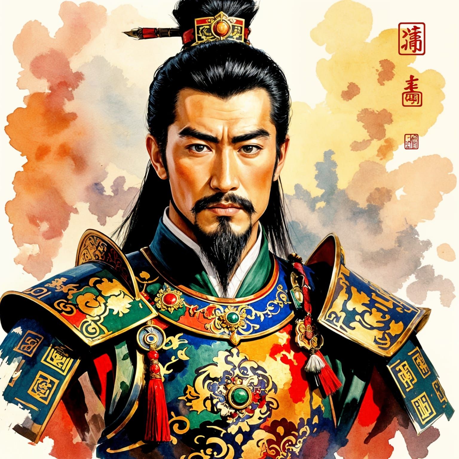 Majestic Chinese General Portrait in Oil Watercolor Style
