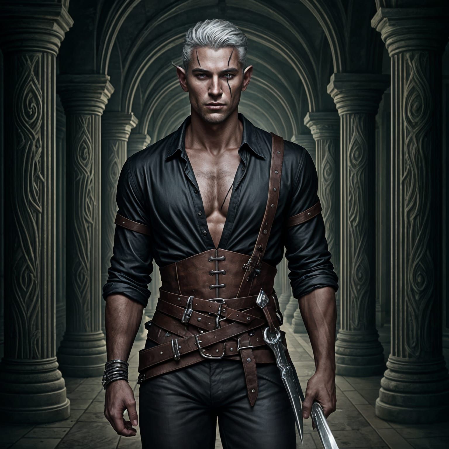 Handsome Drow Warrior in Obsidian Corridor