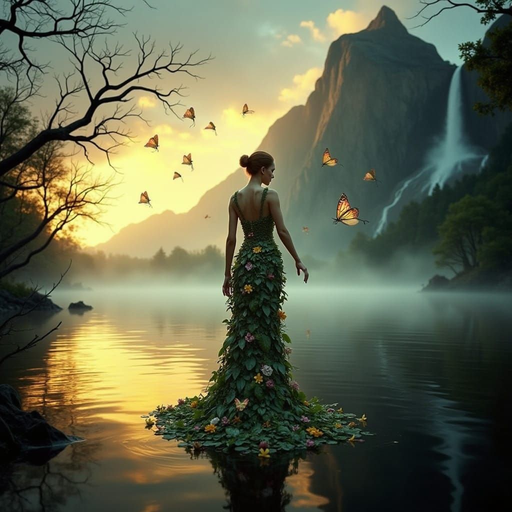 Nature Goddess in Hyperrealistic Leaf Gown Walking on Enchan...