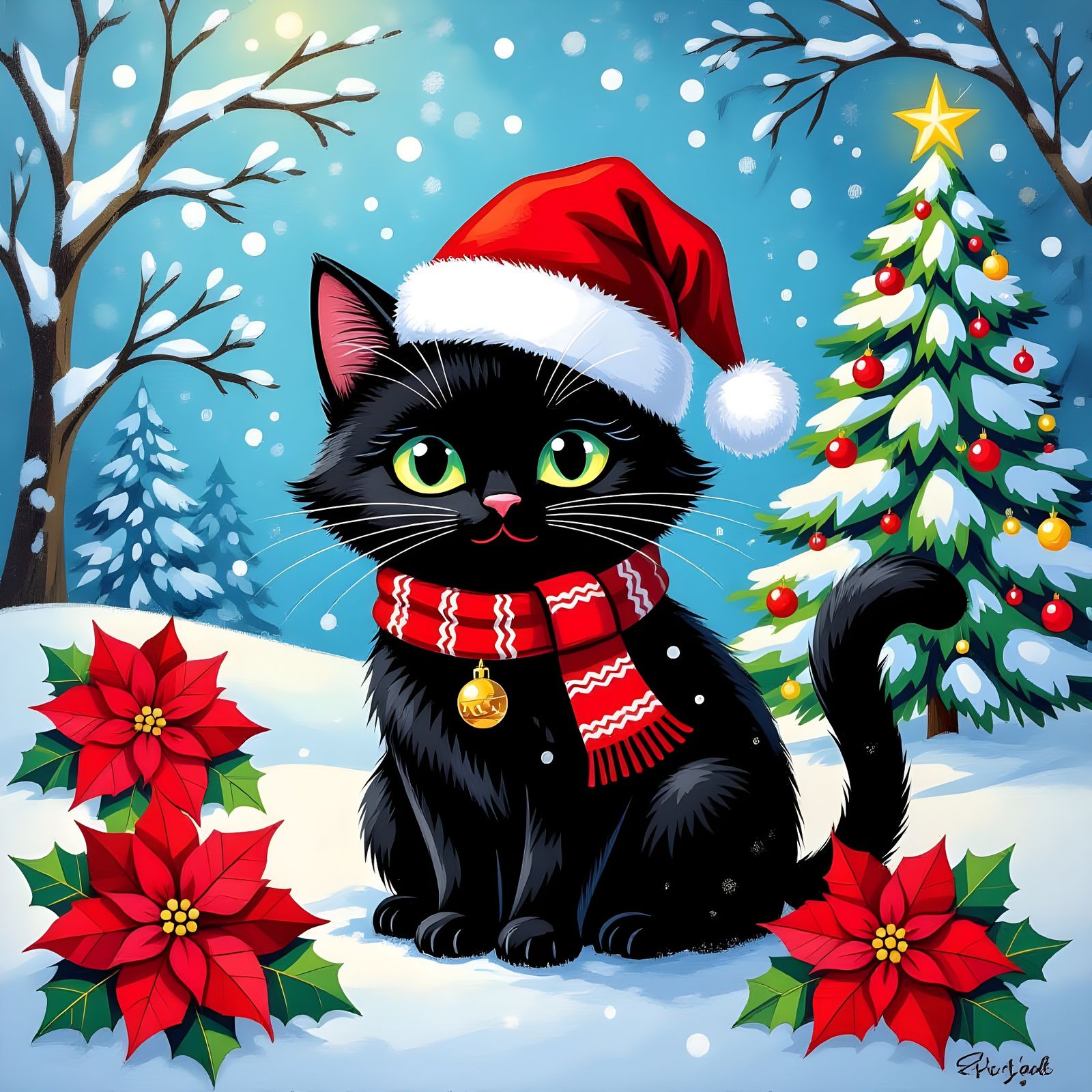 Festive Folk Art Black Cat with Christmas Elements
