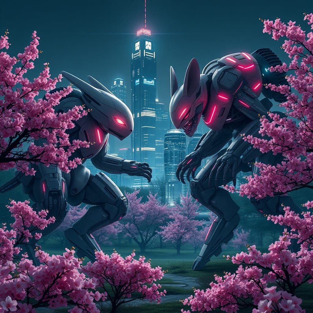 Mechas Clash in Futuristic Cherry Blossom Valley
