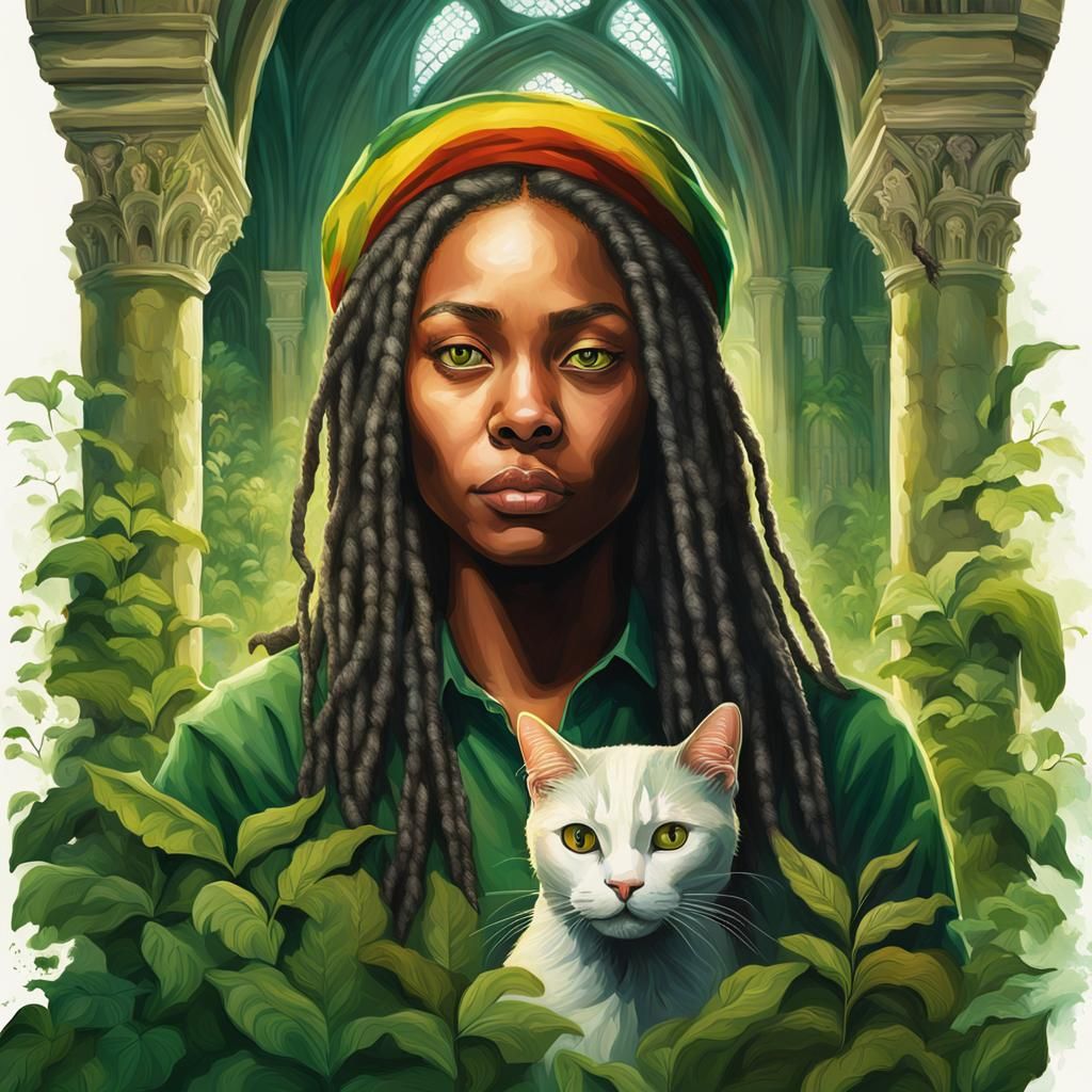 Reggae Woman with Cat in Gothic Abbey