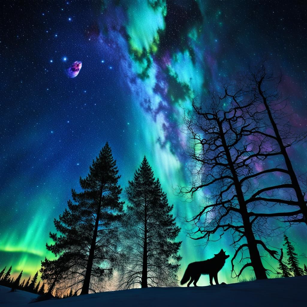 Surreal Astronomical Wolf Shadow Under Aurora Borealis