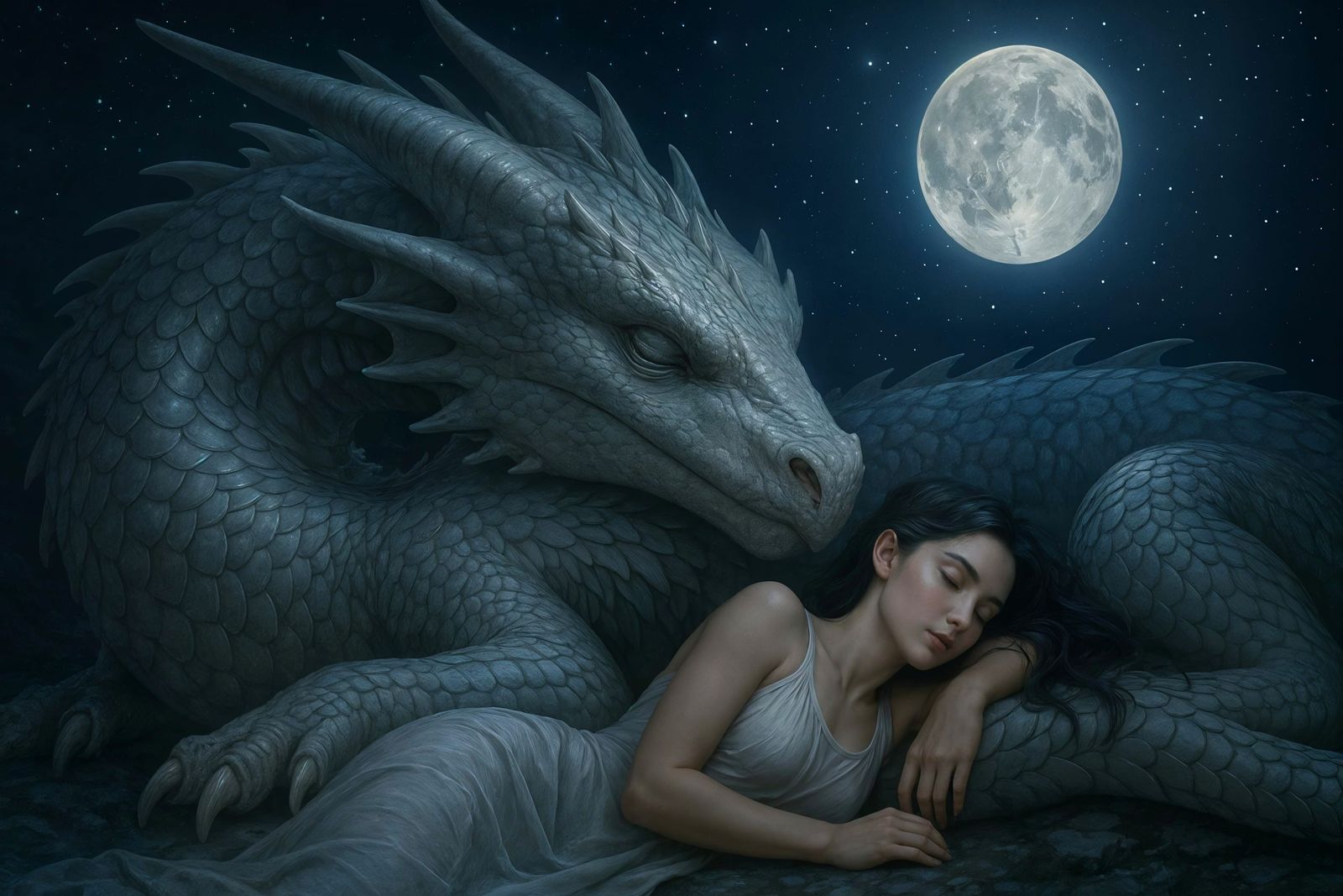 Woman and Dragon in Moonlit Slumber