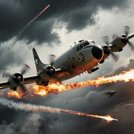 P-3 Orion Aircraft in Stormy Sky, 1970s War Movie Style