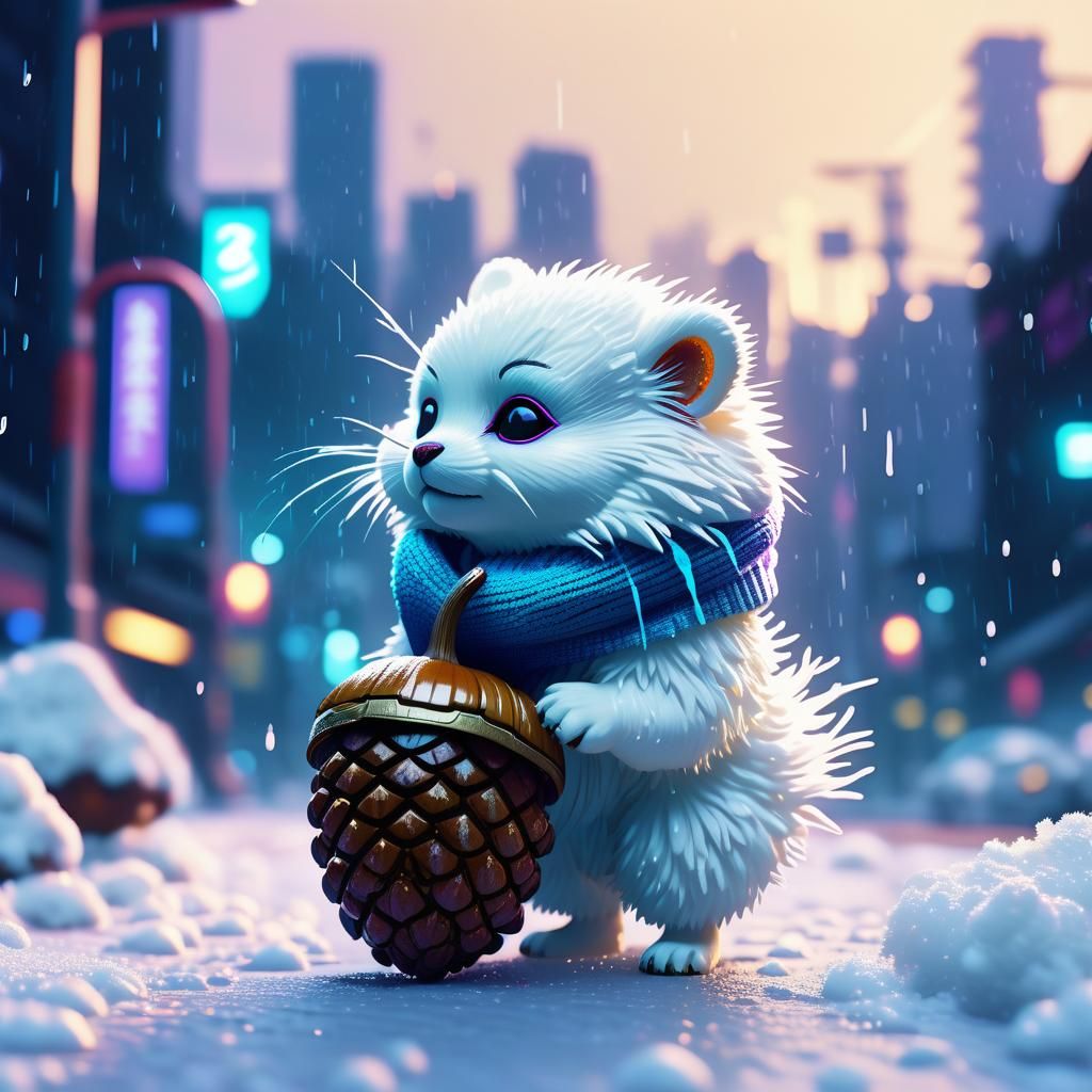 Cyberpunk Creature Rides Acorn Through Neo-Tokyo