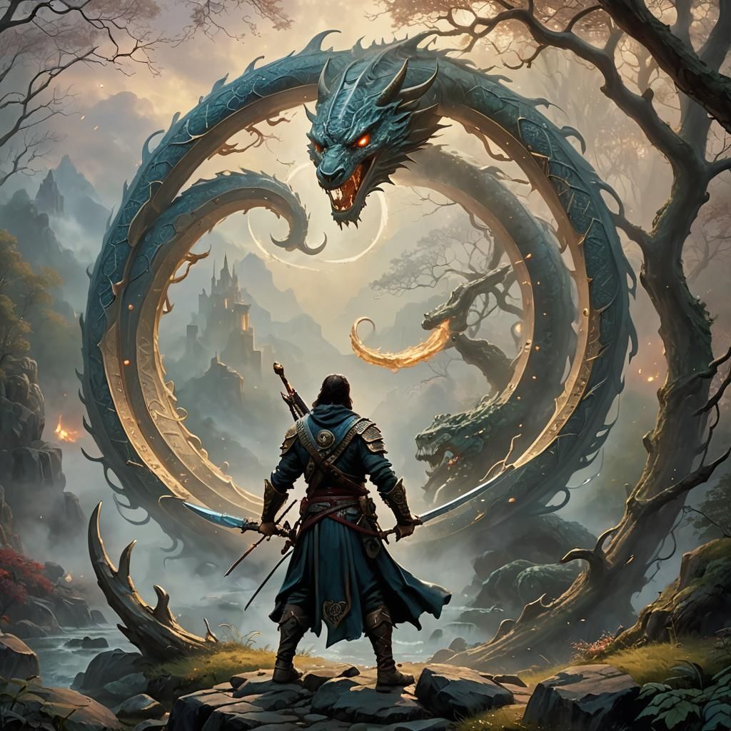Warrior Faces Ouroboros in Ethereal Fantasy Scene