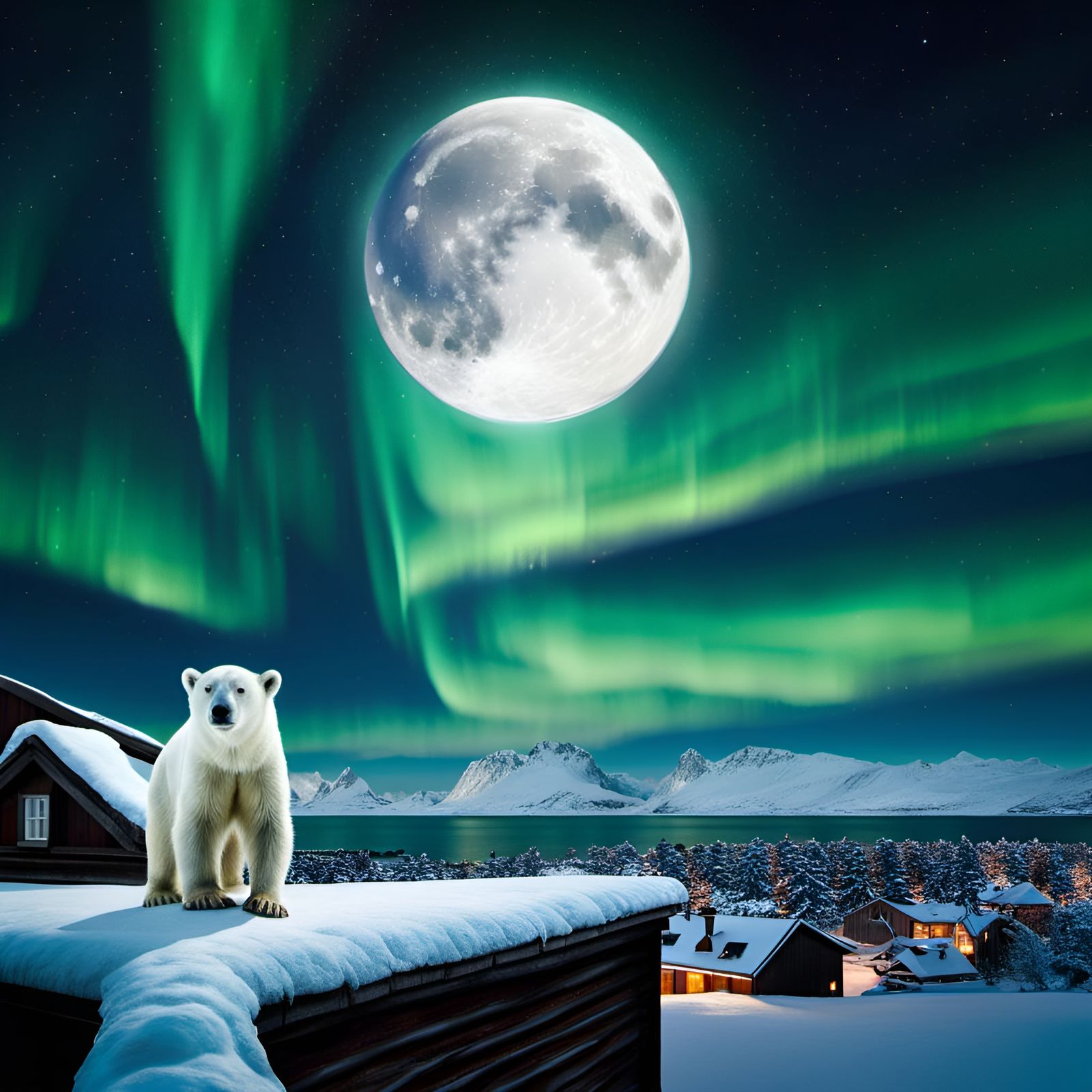 Polar Bear Observes Snowy Panorama by Moonlight