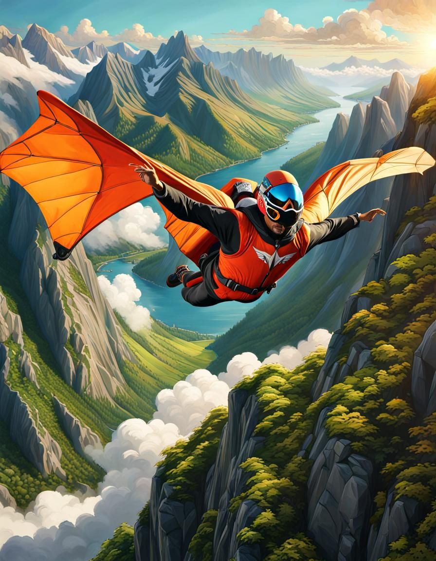 Wingsuiter Soaring Between Rocky Peaks in Lush Landscape