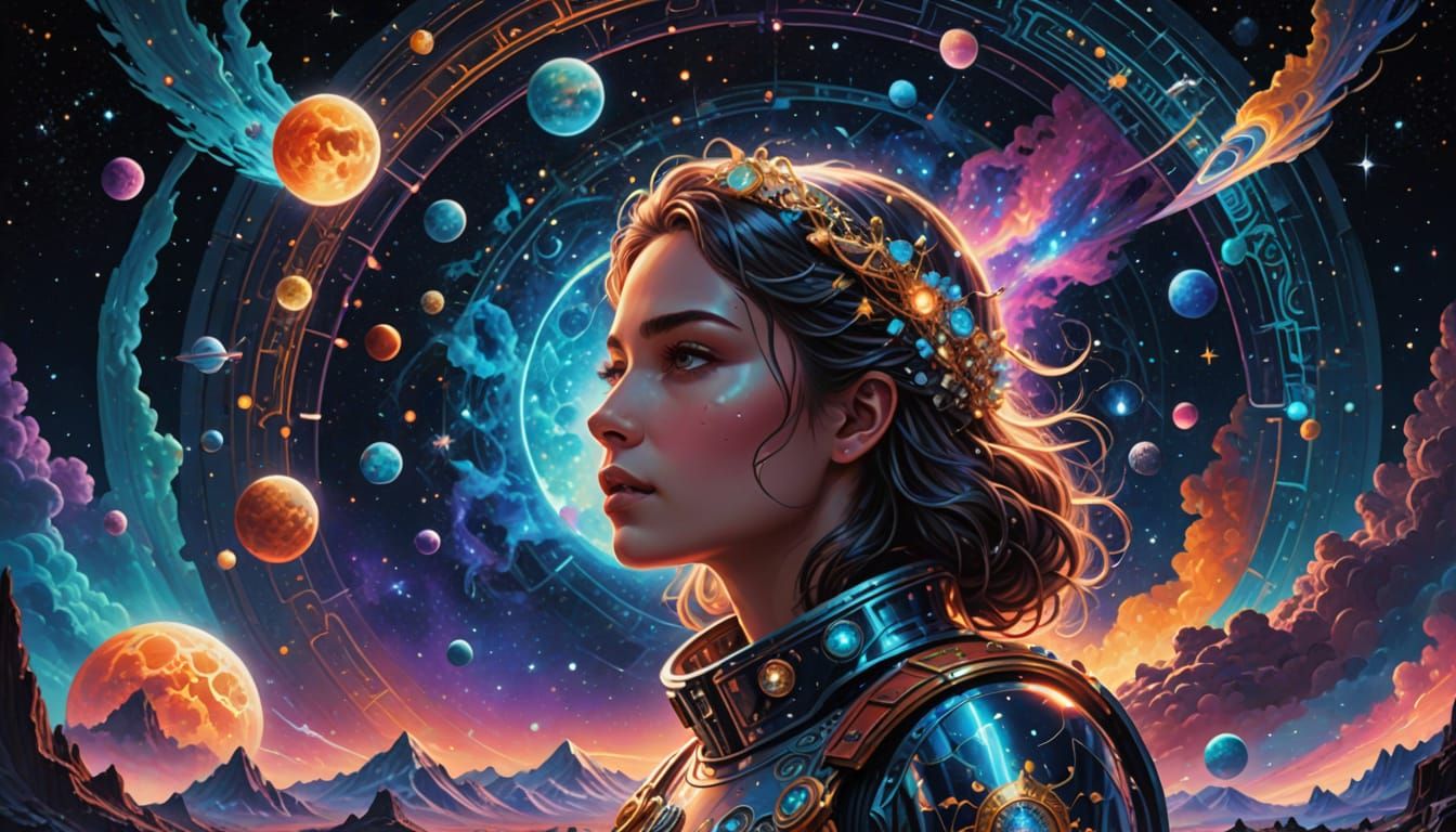 Holographic Astral Cosmic Illustration in Mixed Media