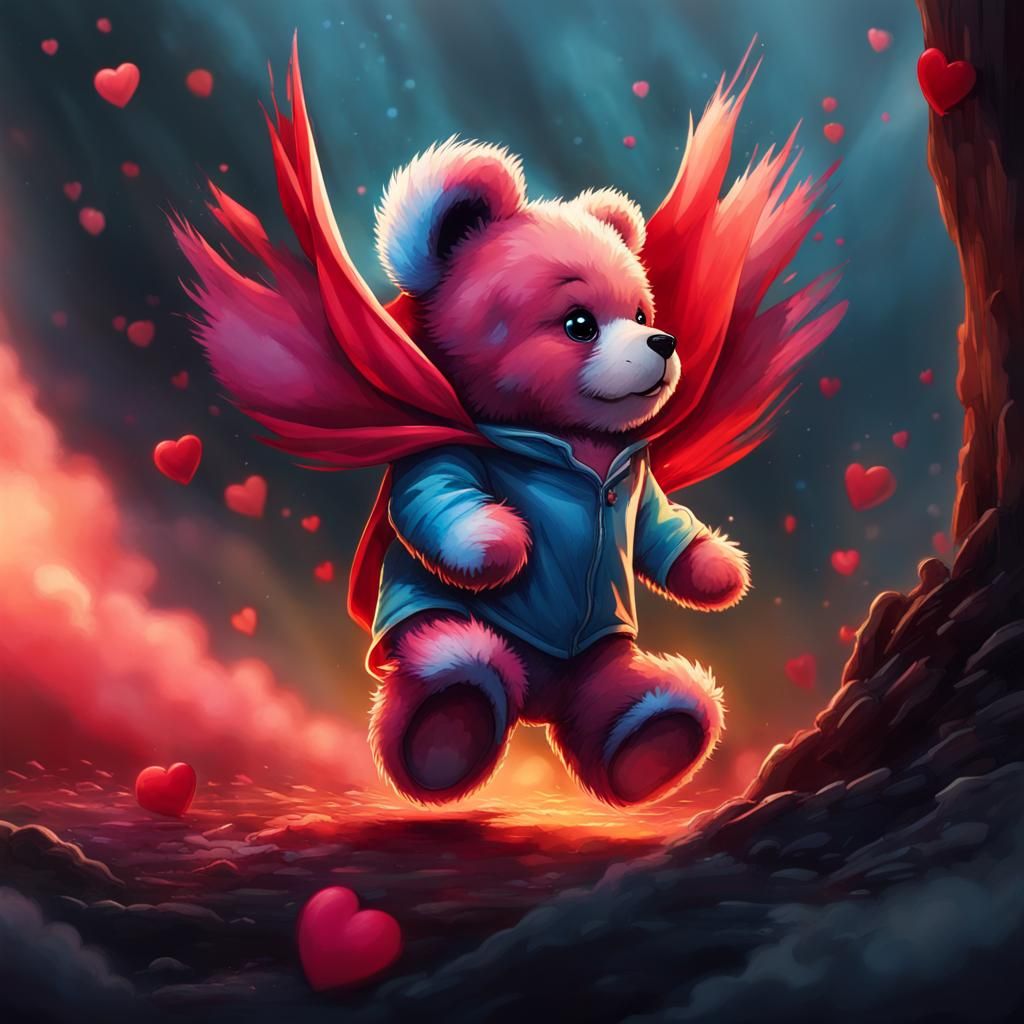 Chibi Teddy Bear Superhero with Rainbow Hearts