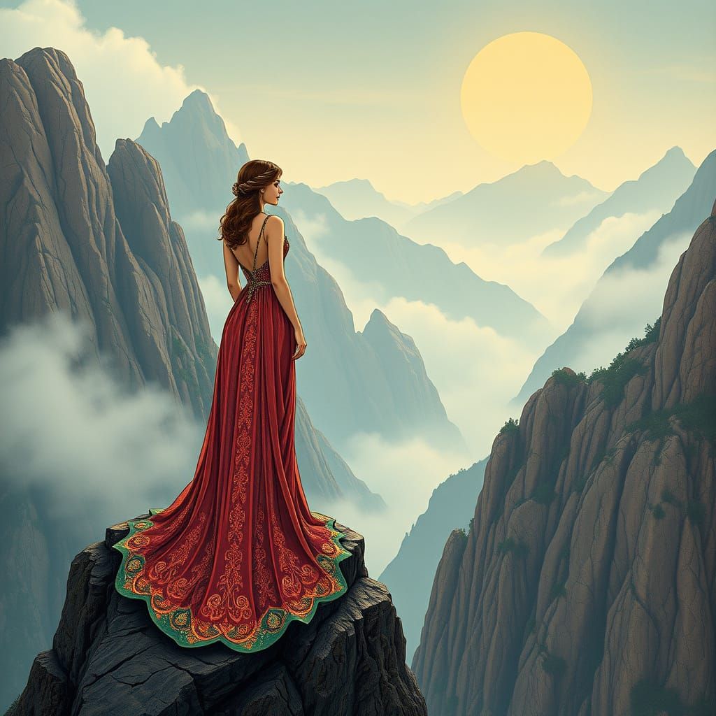 Elegant Woman on Cliff in Art Nouveau Style
