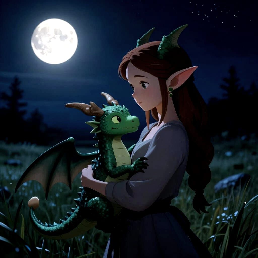 Baby Dragon Held by Elf Under Night Moon
