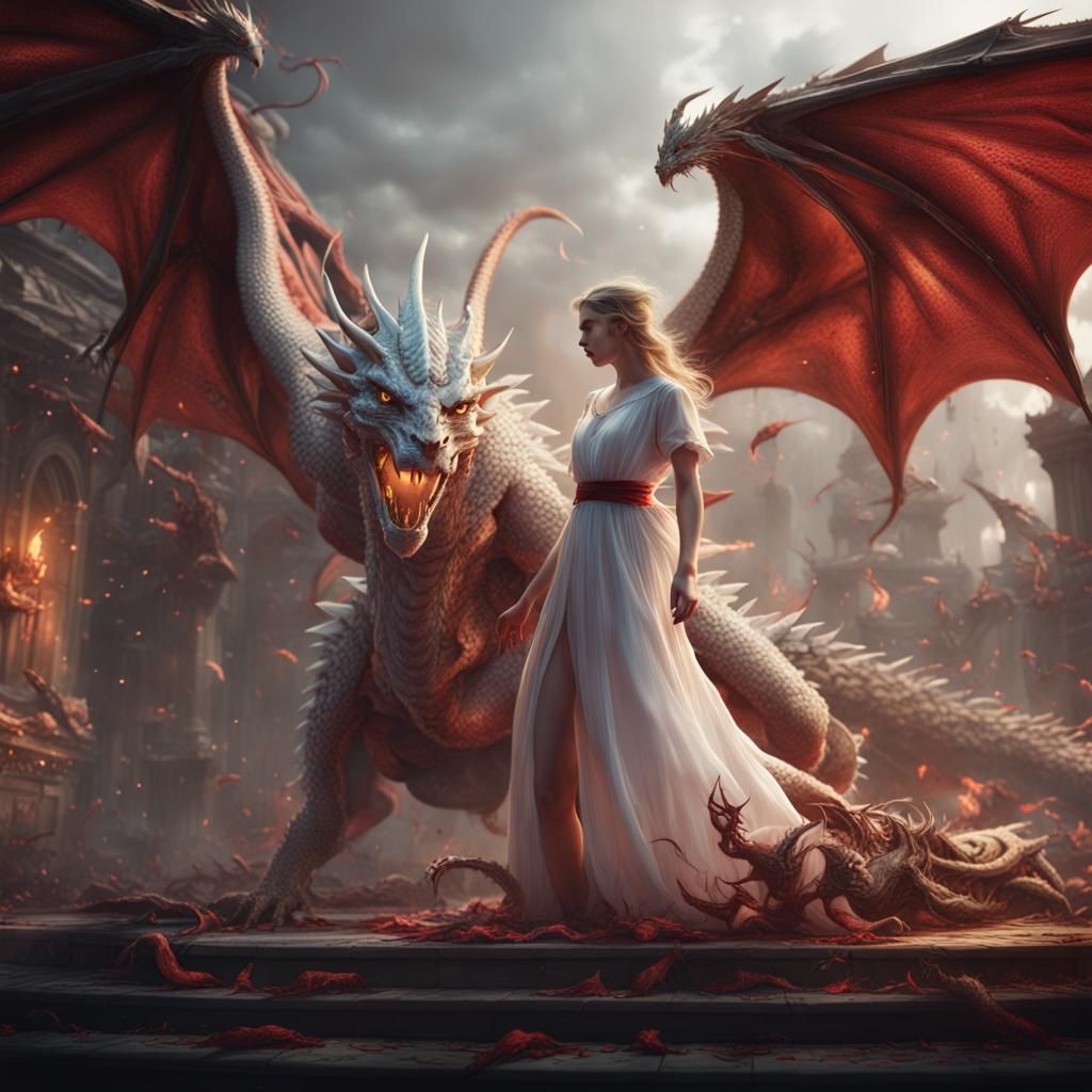 Dragon and Lucifer Battle Over Girl: Fantasy Art