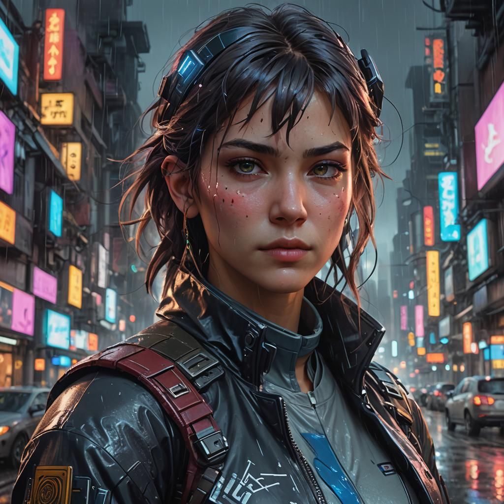 Cyberpunk Girl in Rainy City, Digital Art