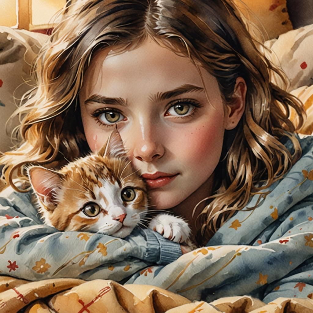 Girl and Kitten Watching Movie in Watercolor Style